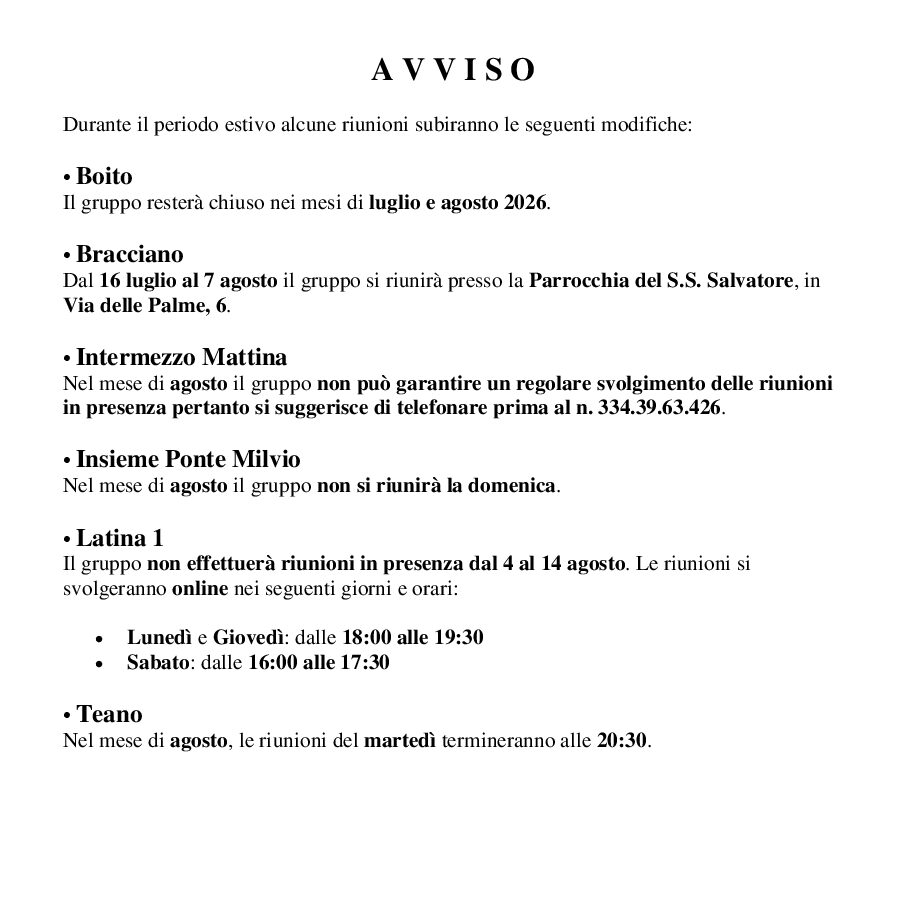 Avviso Modifiche estive