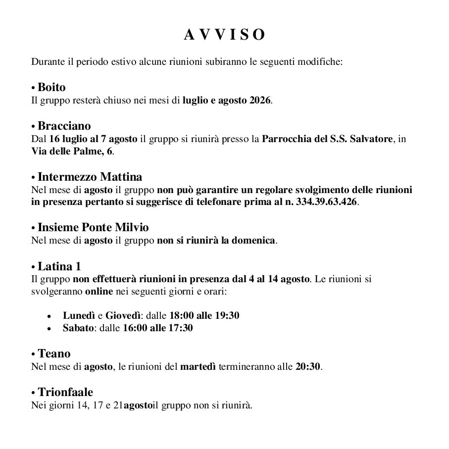 Avviso Modifiche estive