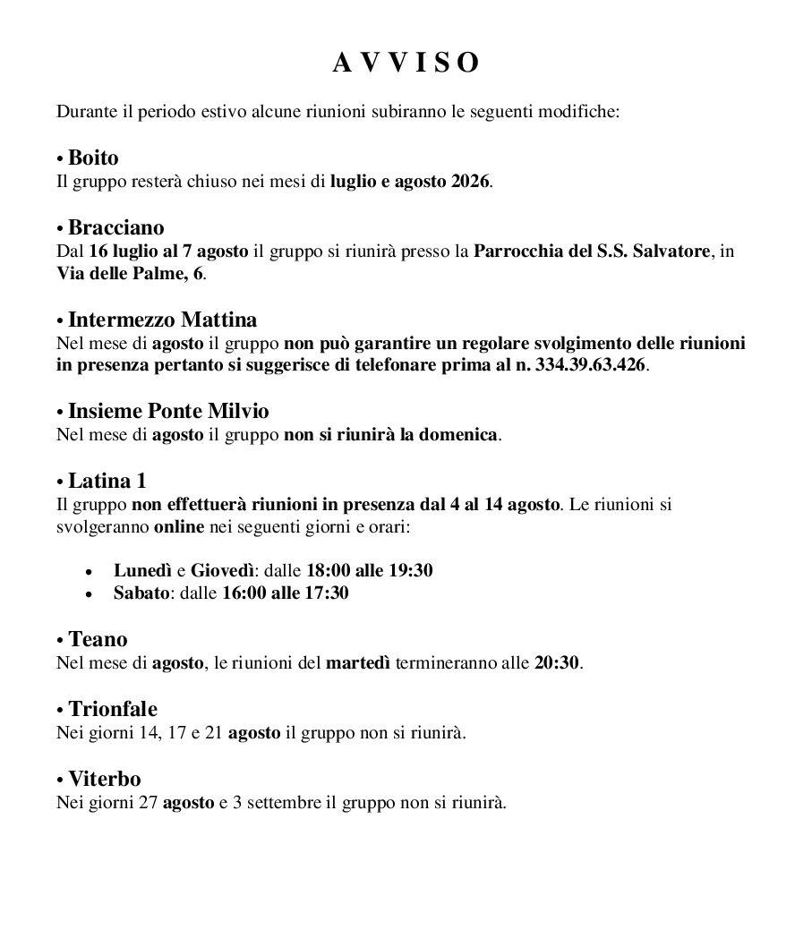 Avviso Modifiche estive