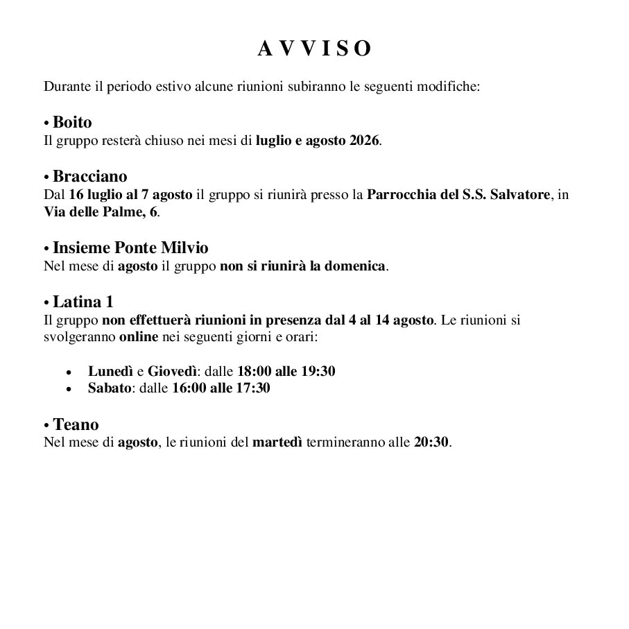 Avviso Modifiche estive