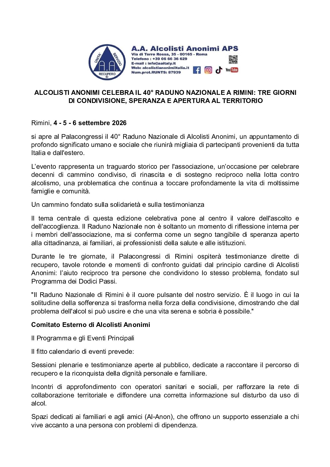 COMUNICATO STAMPA – RADUNO NAZIONALE ALCOLISTI ANONIMI 2026