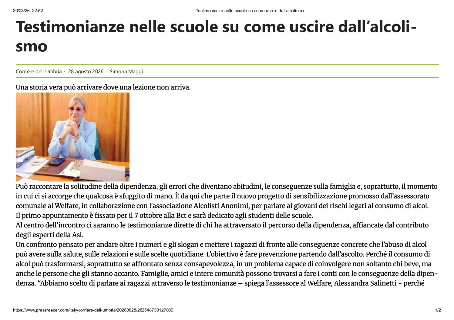 Corriere dell Umbria · 28 agosto 2026 · Testimonianze nelle scuole su come uscire dall’alcolismo