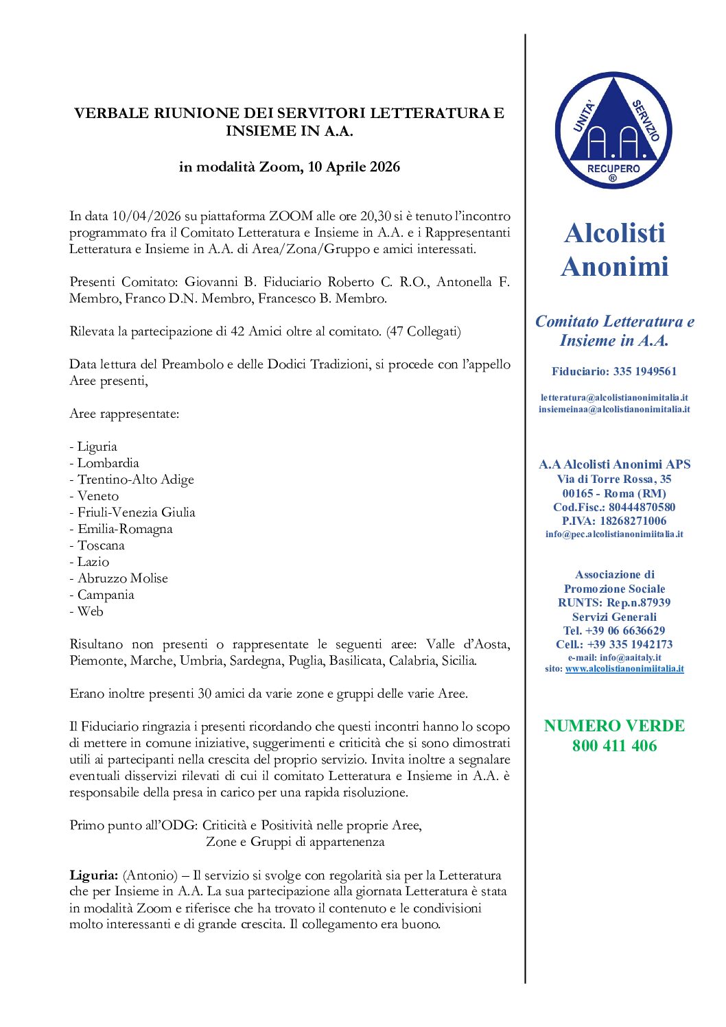 Verbale Riunione Servitori Letteratura 10 Aprile 2026 On-Line