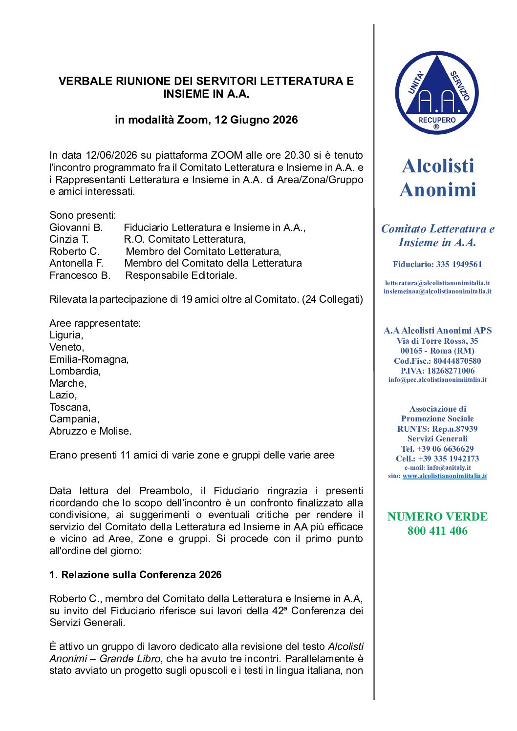 Verbale Riunione Servitori Letteratura 12 Giugno 2026 On-Line