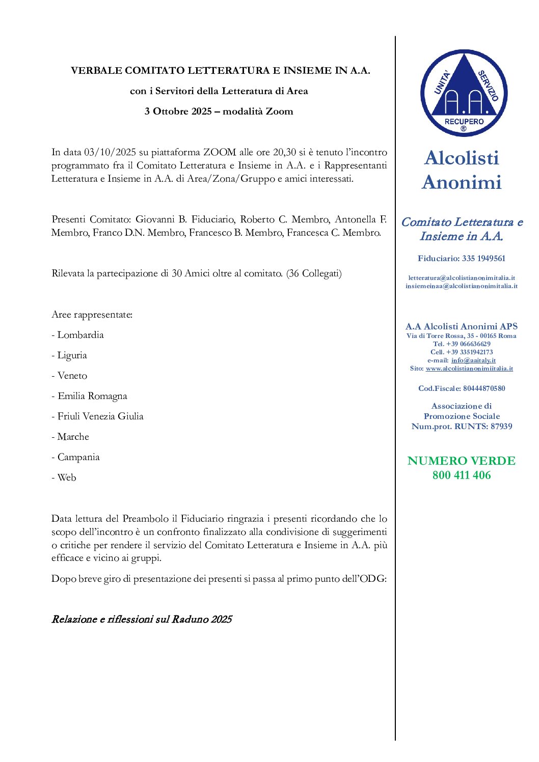Verbale Riunione Servitori Letteratura 3 Ottobre 2025