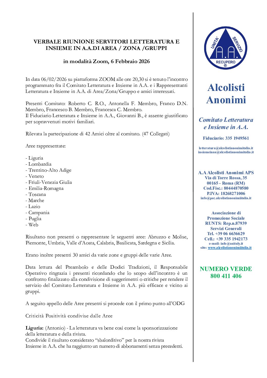 Verbale Riunione Servitori Letteratura 6 febbraio 2026 On-Line